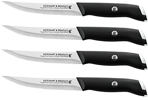 STEWART & BRADLEY Steak Knife Set of 4 – German Stainless Steel Blades – Half Serrated, Half Straight Edge – Ultra Sharp, Lightweight & Ergonomic – Elegant Dining Cutlery
