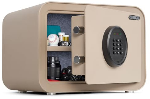 Digital Safe Box, 1.0 Cu.ft Heavy Duty Solid Steel Home Safe with Keypad, Small Personal Security Lock Box for Money, Jewelry, Anti-Theft Money Box for Hotel, Dorm, Office (Sand)