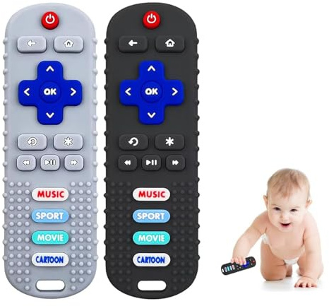 2-Pack Baby Remote Control Teether Toy for Babies 0-18 Months Silicone Infant Teething Toys Boys Girls Infants Teething Toys (Black + Gray)