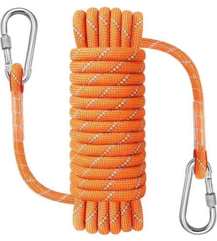 NorthPada 10 mm x 20 Meters Static Nylon Heavy Duty Outdoor Climbing Rope for Knotting Practice, Arborist Tree Work, Marine Anchor Boat, Rappelling Emergency, Swing Orange with Hook