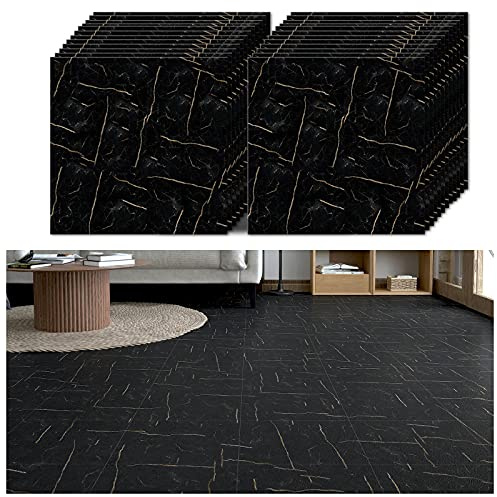 VEELIKE PVC Bodenbelag Selbstklebend Bodenfliesen Schwarz Marmor Vinyl Fliesen Fliesenaufkleber Boden Badezimmer Wasserfest Küchenfliesen Venylbodenbelag Klebefliesen 1.5mm 30cm x 30cm 24 Stücke