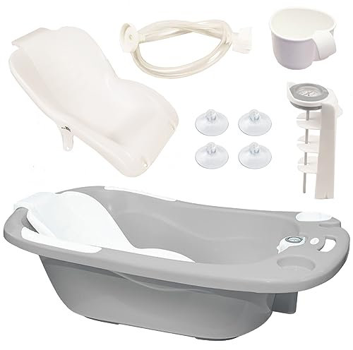 Olmitos - Cubeta Bañera para Bebé | Incluye Reductor Antideslizante y Termómetro de Agua, válvula de vaciado y cacito para agua | Desde 0+ Meses (Gris)