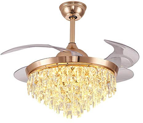 Kristalldeckenventilator mit integrierter Beleuchtung Kit und Fernbedienung Invisible Retractable Fan Blade Kronleuchter Modern Home Deckenventilator for Restaurant Schlafzimmer Wohnzimmer Esszimmer(4
