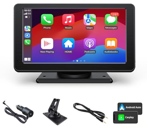 KooDux Carplay inalámbrico y Android Auto Car Radio, Pantalla Carplay estéreo portátil HD de 7 Pulgadas con Bluetooth, Control de Voz, AUX, FM, Airplay, reproducción de vídeo, navegación GPS