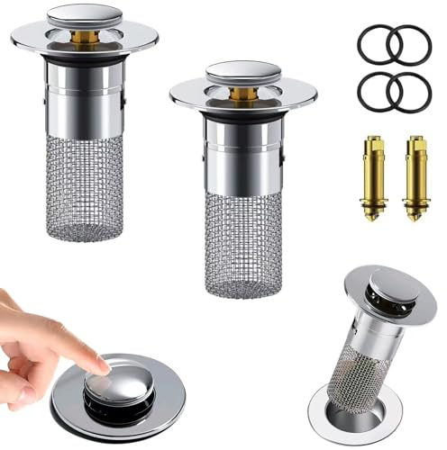 2-in-1 Waschbeckenstöpsel mit Abflusssieb, 2 STK Abflussstopfen, Stöpsel Waschbecken, Messing Core Pop Up Abflusssieb, Universal Sink Stopper Ersatz für Bad und Küche(34-40mm)