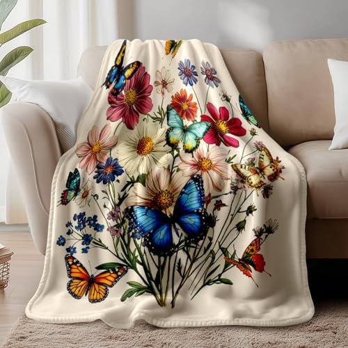 WADORN Schmetterlings Wildblumen Fleecedecke Decke Mit Farbenfrohen Aquarellblumen Im Vintage Stil Weiche Flanell Fleecedecke Mit Botanischen Blumen Bedruckt Für Büro Schlafzimmer Wohnzimmer 150x130cm