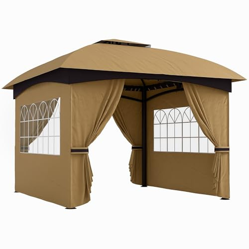 Outsunny Cenador para Jardín 3,4x3,4 m Pérgola de Jardín Gazebo con Doble Techo Paredes Laterales Anti-UV y Ventanas Carpa para Exterior Terraza Patio Beige