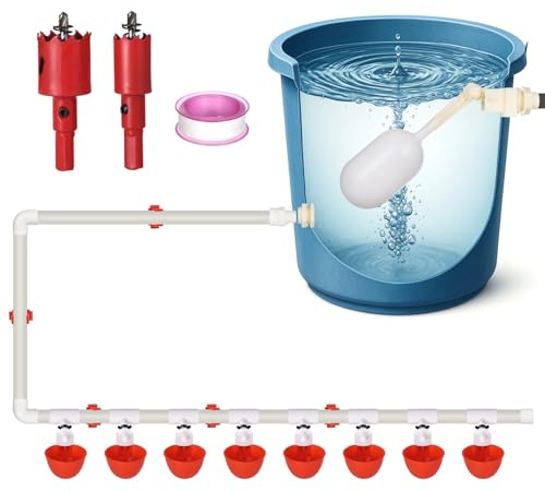 Automatisk installation av fjäderfävattnare, komplett PVC-rörledningssystem med 8 dryckeskoppar, T-kontakter, flytventil, enkelt gör-det-själv-kit