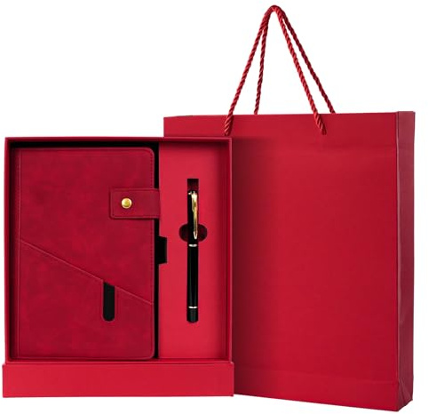CRITIVE-SHOP Cuir Carnet De Notes Coffret Cadeau, Carnet De Notes A5 Vintage avec Stylo Boîte-Cadeau Sac, Carnet Personnalisé Classique Business Quotidien, Carnets De Voyage Femmes Hommes (Rouge)