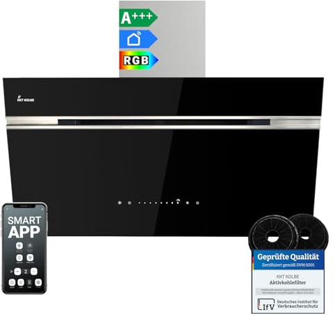 KKT KOLBE A+++ cappa aspirante 90 cm 782 cbm/h convezione aria di scarico senza testa | nero argento inox | vetro | ricarica automatica | Smart WiFi App Wi-Fi | SensorTouch | RGBW LED | AURORA9005SE