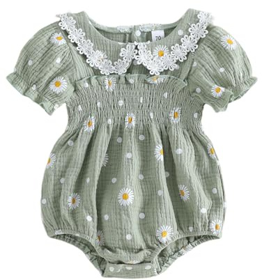 Loalirando Newborn Baby Girl Summer Clothes Outfit Bubble Cotton Romper Short Sleeve Daisy Print Smocked Onesie Top