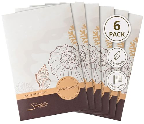 FloralSimplicity Sandalwood Scented Sachets Pack of 6, Everyday - Long-Lasting Scented Bags, Home Fragrance, Air Freshener & Deodorizer for Closet, Room, Drawer, or Cars, Made in USA