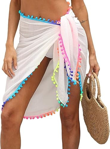 VURGER Women Beach Sarong Cover Up Beachwear Skirts Summer Holidays Wrap Dress Swimsuit Cover Ups with Tassel (UK, Alpha, One Size, Regular, Regular, Standard, White)