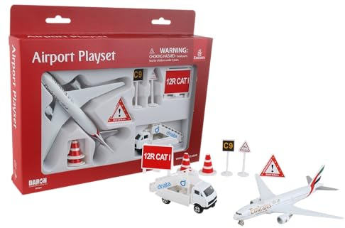 Daron Emirates Small Airport Playset – Officially Licensed Die-Cast Metal Airplane with Plastic Vehicles & Signs – Highly Detailed Pretend Play Toy for Kids Ages 3+