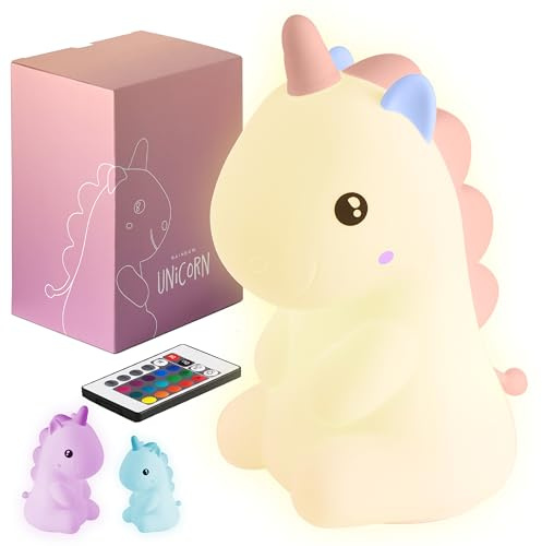 Madrigal Lampada Unicorno - Luce Notturna Bambini - Cameretta - Ricaricabile USB-C con Telecomando - Multicolore e Luce Calda - Soffice Silcone - Timer luci Arcobaleno