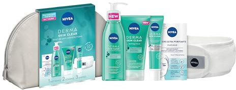 NIVEA Trousse Derma Skin Clear (1 x 1 pce), Trousse de toilette garnie contenant 4 soins visage anti-imperfections et 1 accessoire, Routine visage idéale à emporter partout avec soi