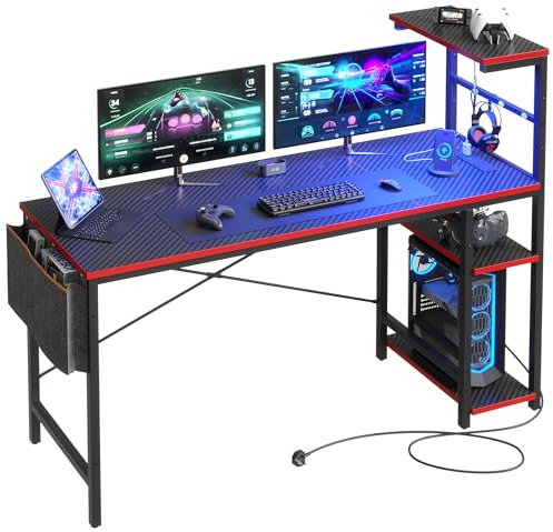 Bestier 155CM Corner Desk with Power Outlets Large Computer Desk with LED Lights Reversible Writing Table with Side Pocket Storage Bag & Accessories Hanger for Home Office