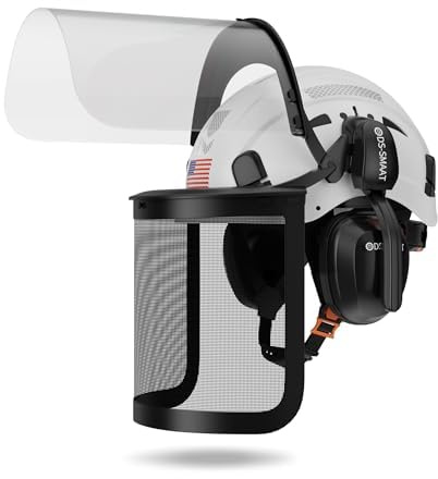 DS-SMAAT Kit de cascos forestales 4 en 1, casco de seguridad industrial para motosierra con doble visera y orejeras, casco duro de arbolista forestal certificado ANSI Z89.1 (blanco, malla y escudo