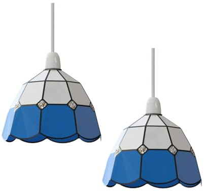 DC VOLTAGE Tiffany Style 2Pack White and Blue Stained Glass Pendant Light Shade Pendant Lights, Home Decor & Improvement Essential 16 cm Shade Width