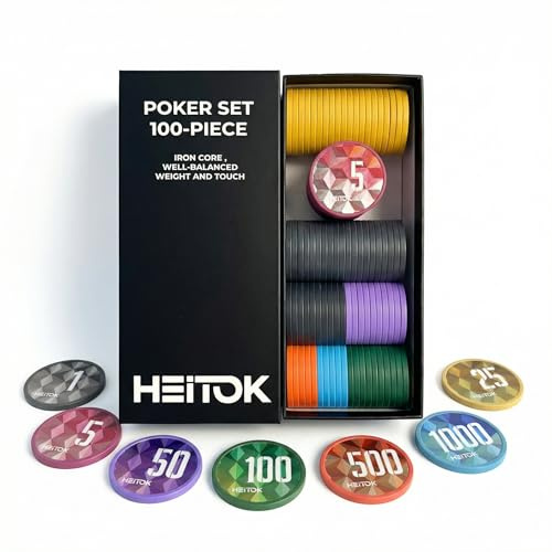 HEITOK 100 Jetons de Poker Numérotés 11.5g Lourd Qualité Casino ABS avec Insert Métal Set de Poker Professionnel avec 7 Valeurs et Boîte de Rangement pour Texas Holdem Blackjack Soirées Adultes
