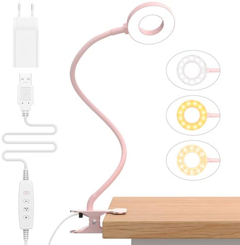 iZELL LED Desk Lamp【3 Color Modes & 10 Brightness】 Eye Caring Clip on Clamp Light with 40cm Flexible Gooseneck, Book Ring Light with Plug for Home Office, Kids, Reading, Clip on Table, Headboard-Pink