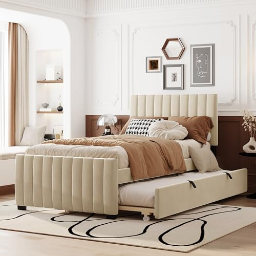 Kinderbett Polsterbett 90x190 cm mit Ausziehbett, Bett Einzelbett Doppelbett Jugendbett Gästebett Rückenlehne Bettgestell Flachbett mit Holz Lattenrost, hautfreundliches Samtstoff, Ohne Matratze,Beige