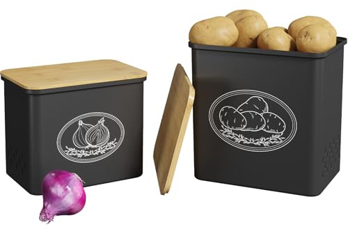 Lifewit plastförvaring för potatis och lök, stackbar vitlökshållare med ventilationshål och lock, grönsaksbehållare för skåp eller bänk, svart, 24 x 18 x 24 cm / 9,5 x 7 x 9,5 tum, set med 2
