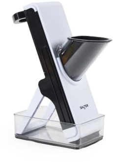 Salter Safe Slice Mandoline Slicer with Interchangeable Blades | Stainless Steel Julienne, Baton & Dual Slice Blades, Protective Food Pusher, Collecting Tray With Storage Lid Foldable Design