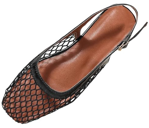 Women's Fishnet Grid Slingback Buckle Square Toe Flat Sandals Ladies Mesh Ballet Flats Breathable Summer Casual Wide Width Ballerina Flats Everyday Wear Beach Holiday Flats Mary Jane Shoes