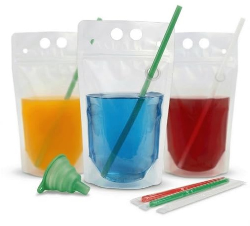 C CRYSTAL LEMON 100PCS Drink Pouches with Side Straw Port, Resealable Leak-Resistant Beverage Bags with Straws & Funnel, 17oz Bulk Party Drink Containers for Cocktails, Juice & Slushies