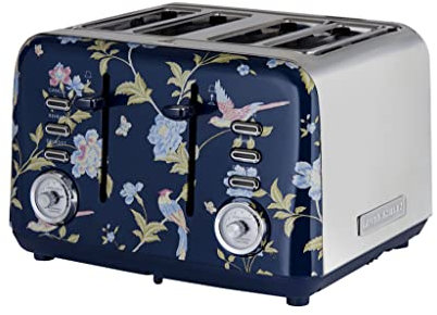 Laura Ashley Elveden Navy 4 Slice Toasters Wide Slots By VQ - Multi Functional 4 Slot Toaster Stainless Steel with 7 Variable Browning Control, Defrost & Reheat Modes - Bread Toaster with Warming Rack