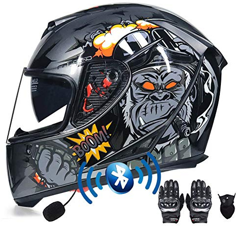 DYOYO Casque Moto Bluetooth,Casques Intégral Moto avec Double Anti-buée Visière, Casque Intégraux Racing ECE Homologué avec Gants et Masque pour Femmes Hommes Adultes 55-64CM