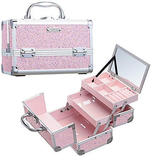 Valigetta Trucchi Makeup Case Valigetta Per Cosmetici con Vassoio di Gioielli y Specchio Valigia Trucchi Valigetta Unghie Beauty Case Cofanetto Organizzatore Trucco da Viaggio Professionale, Rosa