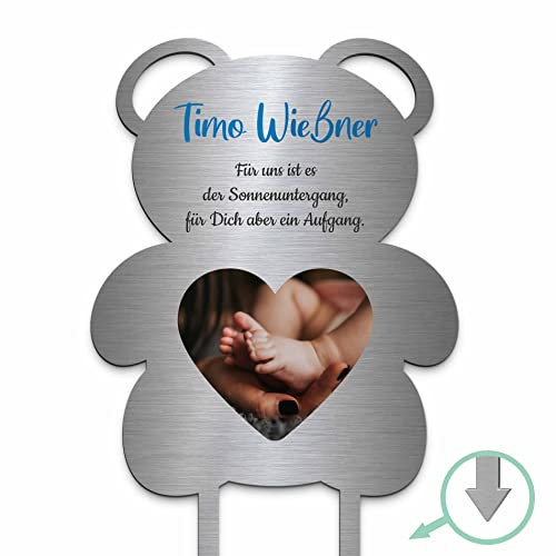 Edelstahl Grabstecker - Blumenstecker als Teddybär | Personalisiertes Sternenkind Andenken - Sternenkinder Grabschmuck wetterfest | persönliche Friedhof Grab Kindergrab Dekoration (Personalisierbar)