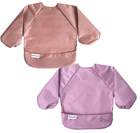 Tiny Twinkle Long Sleeve Bib for Babies & Toddlers | 2-Pack Waterproof Smock Bib for Eating | Machine Washable & Mess-Proof Feeding Essentials | Newborn Shower Gift (Taupe Lilac,2-4Y)