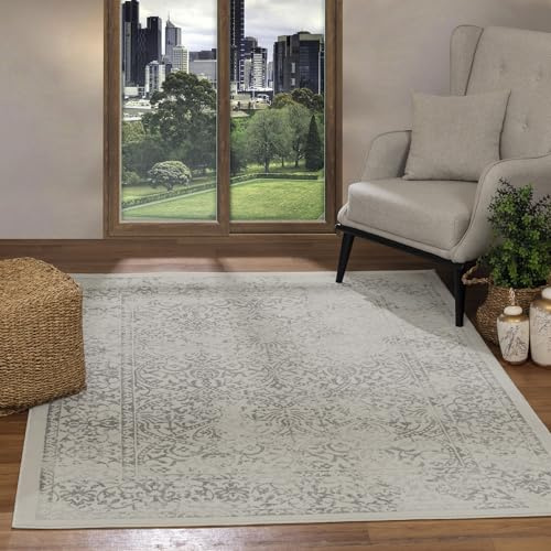 Livabliss Tappeto vintage Faro per soggiorno, 160 x 216 cm, camera da letto, tappeto neutro scandinavo, stile bohémien, facile da pulire, grande, grigio, ardesia e avorio