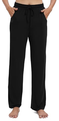 EXCHIC Femmes Casual élasticité Jambes Droites Pantalons avec Cordon élastique Taille Yoga Pantalons avec Poches(XL, Noir)