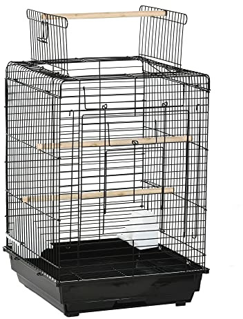 PawHut Cage à Oiseaux en métal avec mangeoires perchoirs Plateau Amovible poignée dim. 40L x 40l x 59H cm Noir