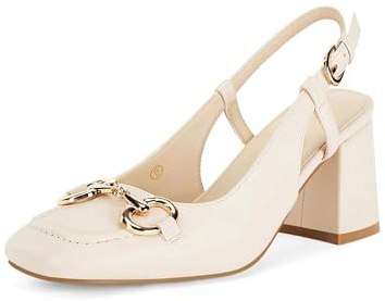 Coutgo Women's Slingback Chunky Block Heels Pumps Square Toe Metal Buckle Party Dress Work Shoes, Beige, Size 11