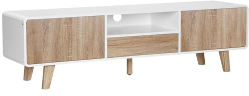 HOMCOM Mobile Porta TV Con Ante e Cassetto, Mobiletto da Salotto per TV fino a 72''in MDF, 160x40x45cm Bianco e Legno