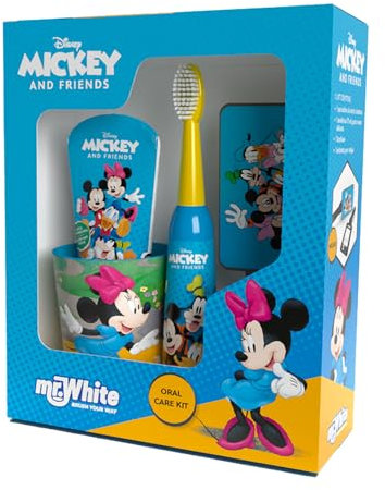 Disney Minnie Mouse and Friends - Kit regalo per bambini con spazzolino elettrico alimentato a batteria con setole morbide, dentifricio al sapore di menta, bicchiere multiuso e etichetta per bagagli
