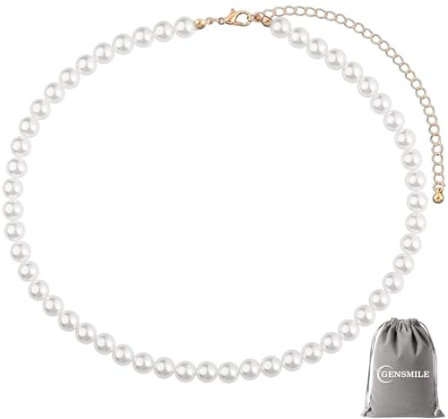 GENSMILE Vitt pärlhalsband för kvinnor – pärlsmycke, chokerkedja för kvinnor, pärlhänge, modesmycke, present till flickor till födelsedag, bröllop eller årsdag