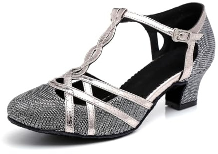 MGM-Joymod Donna T-Starp Glitter Sintetico Matrimonio Tango Salsa Scarpe Danza Latina Moderna, L322 Grigio Nero Tacco 5cm, 39 EU