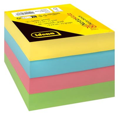 Idena 11199 - Notizklotz, 9 x 9 cm, 700 Blatt geleimt, Notizblock aus 75 g/m² FSC-Mix Papier in 4 Farben, nachhaltige Notizzettel