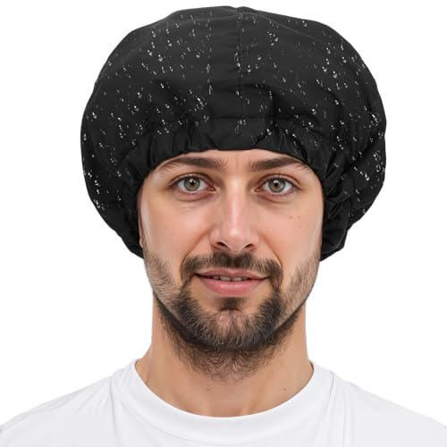 Ymapinc Duschhauben Schwarz Elastisch Duschhaube Herren Wiederverwendbar Shower Cap Doppeltes Design für Haare trocken halten(28,5 - 34,29cm)