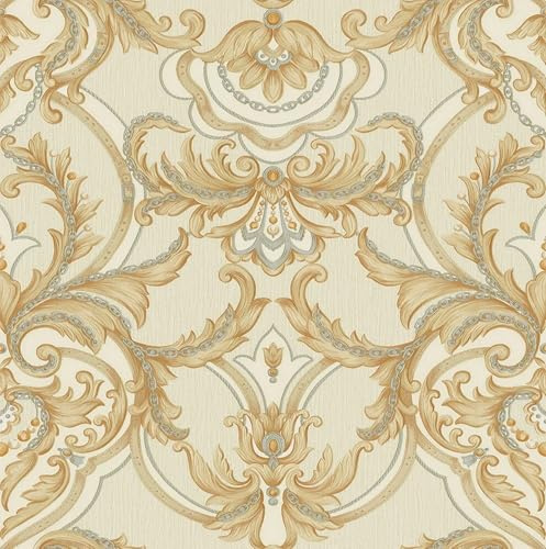 DacaiCloth Vintage Damask Peel and Stick Wallpaper, 44 cm x 300 cm, Self-Adhesive Removable, Gold and Cream