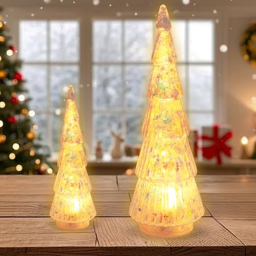 Qunkun Liten akryl julgran, 2 stycken mini akryl julgran, julgran med belysning, akrylgran för familjefester, fönsterbrädor, vardagsrum, bordsdekoration