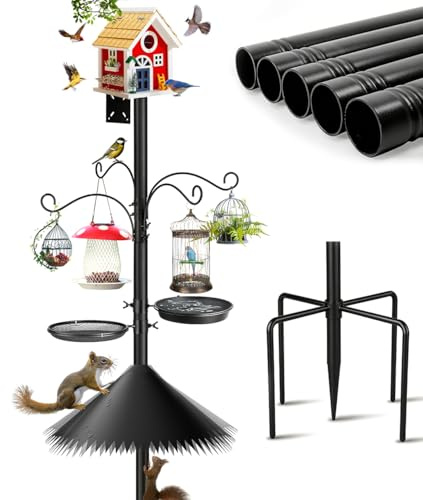 YaPaPa Bird Feeder Pole, 93 Inch Heavy Duty Birdhouse Pole with Spiked Baffle & 2 Tray, Adjustable Wild Bird Feeding Station Hanging Pole for Outdoors, Yard, Garden Decor (Without Birdhouse)
