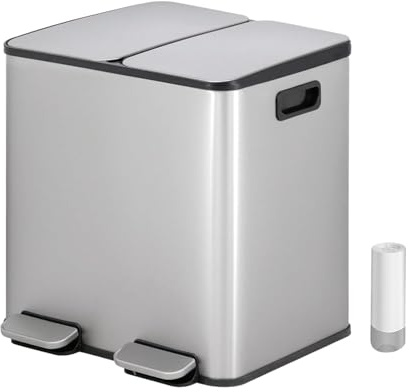 Vidacharmy Cubo de Basura para Cocina 2 x 15L (30L), Cubo de Reciclaje Doble, de Acero Inoxidable Antihuella, con Tapa de Cierre Suave y Pedal, Incluye 20 Bolsas de Basura, Compartimentos Separados