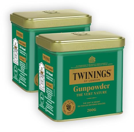 Twinings Thé Vert Gunpowder Nature en Vrac 400 g (2x200 g) | Thé vert aux notes fraîches et légères, en vrac dans une boîte métallique à doser selon vos envies en tasse ou théière